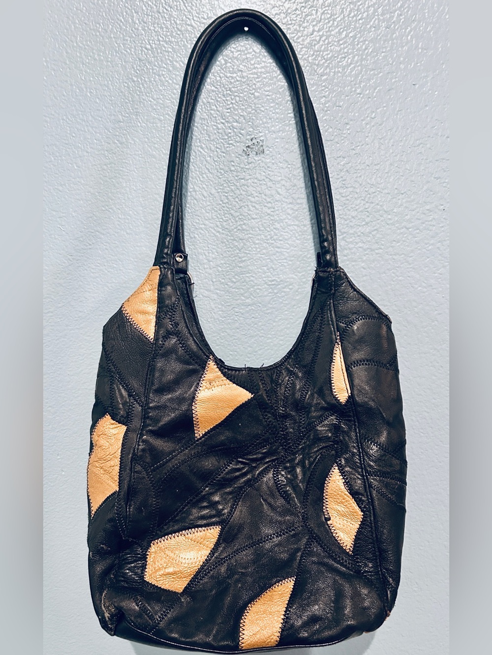 Vintage Black Leather Shoulder Bag with Tan Patch Accents